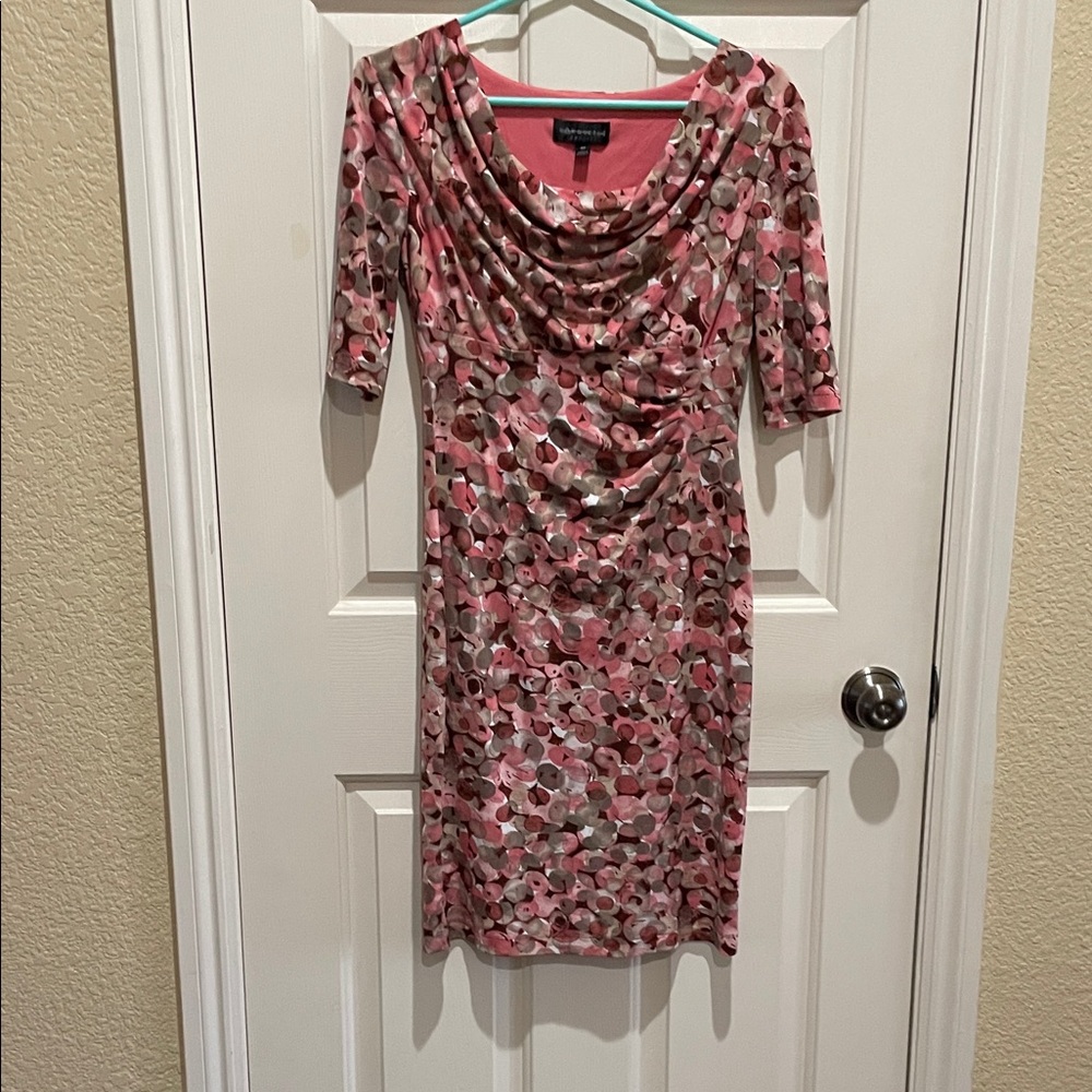 Connected Apparel Pink and Gray Patterned Midi Dress
